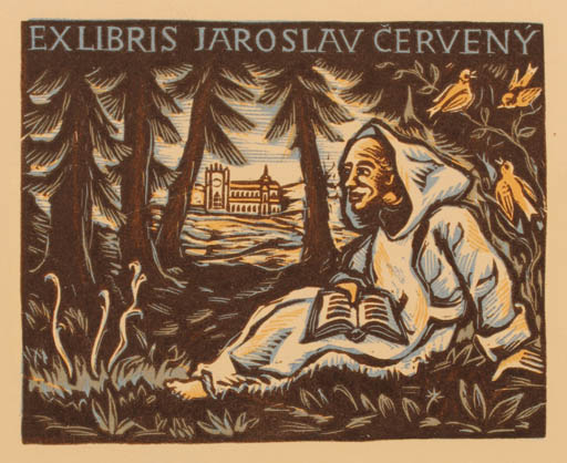 Exlibris by Michal Florian from Czechoslovakia for Jaroslav Cervany - Book Castle/Palace Bird Man 