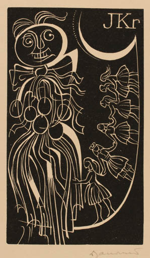 Exlibris by Dusan Janousek from Czechoslovakia for ? J. Kr. - Dancing Woman 