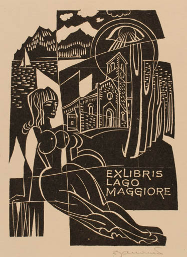 Exlibris by Dusan Janousek from Czechoslovakia for Lago Maggiore - Church Woman Ship/Boat 