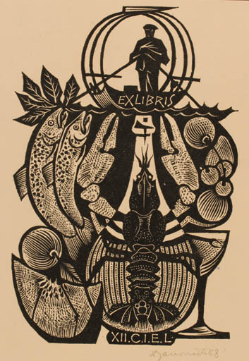 Exlibris by Dusan Janousek from Czechoslovakia for ? XII. C.I.E.L. - Fish Food Maritime Ship/Boat 