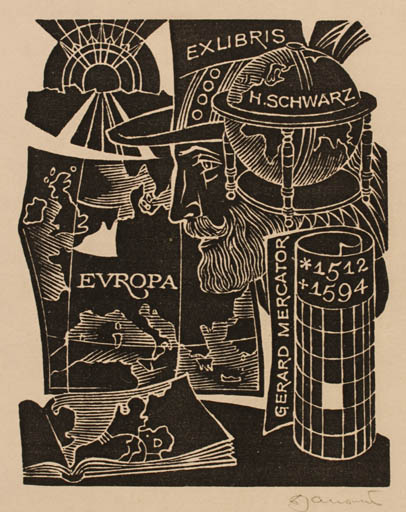 Exlibris by Dusan Janousek from Czechoslovakia for Herbert Schwarz - Book Globe 