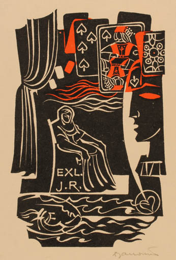 Exlibris by Dusan Janousek from Czechoslovakia for ? J. R. - Woman Sport/game 