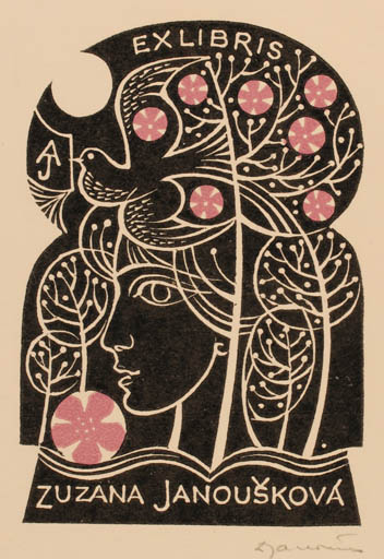 Exlibris by Dusan Janousek from Czechoslovakia for Zuzana Janousková - Flora Bird Portrait 