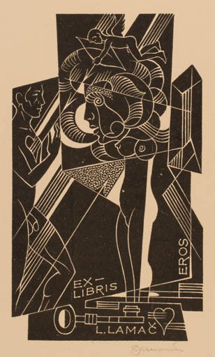 Exlibris by Dusan Janousek from Czechoslovakia for Dr. L. Lamac - Woman Man Nude 