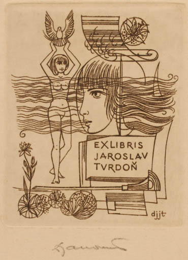 Exlibris by Dusan Janousek from Czechoslovakia for Jaroslav Tvrdon - Bird Woman Nude 