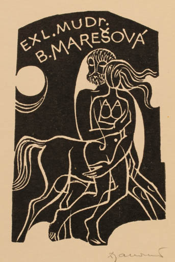 Exlibris by Dusan Janousek from Czechoslovakia for Mudr. B Maresová - Fable Animal Couple 