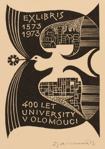 Exlibris by Dusan Janousek from Czechoslovakia for ? 400 Let University Volomouci - City Bird 