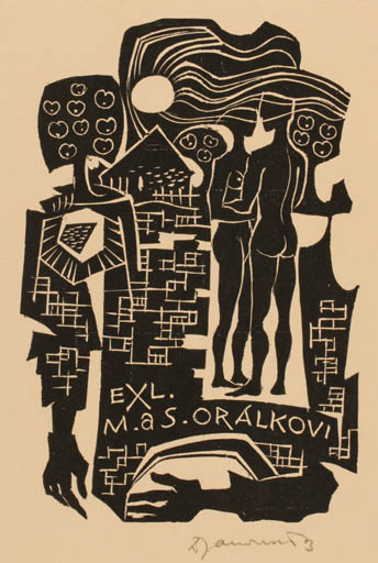 Exlibris by Dusan Janousek from Czechoslovakia for M.A.S. Orálkovi - Hand(s) Couple Romance 