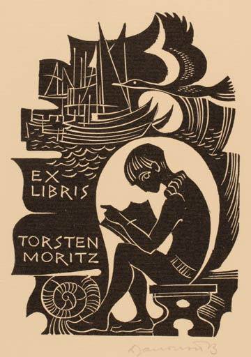 Exlibris by Dusan Janousek from Czechoslovakia for Torsten Moritz - Bird Maritime Ship/Boat 