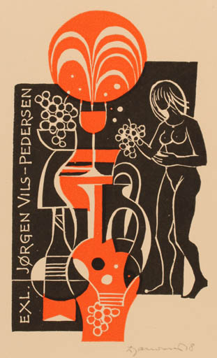 Exlibris by Dusan Janousek from Czechoslovakia for Jørgen Vils Pedersen - Fruit Woman Wine 