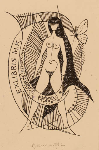 Exlibris by Dusan Janousek from Czechoslovakia for Mirko Kaizl - Woman Nude Butterfly 