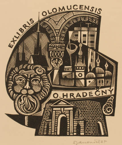 Exlibris by Dusan Janousek from Czechoslovakia for Ing. Otakar Hradecny - City 