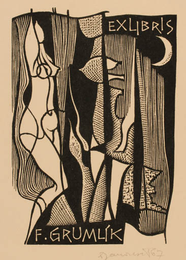 Exlibris by Dusan Janousek from Czechoslovakia for F Grumlík - Abstract Woman 