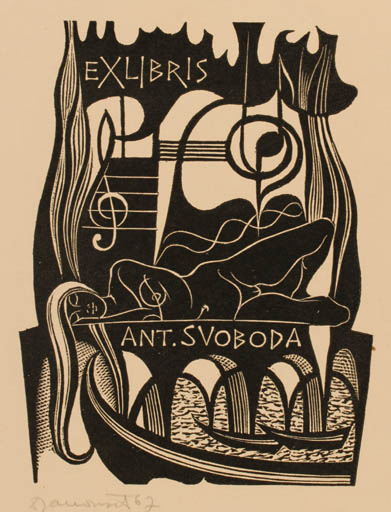 Exlibris by Dusan Janousek from Czechoslovakia for Ant. Svoboda - Woman Music Ship/Boat 