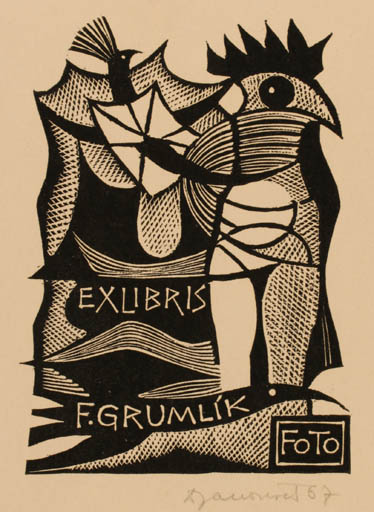 Exlibris by Dusan Janousek from Czechoslovakia for F Grumlík - Abstract Bird 