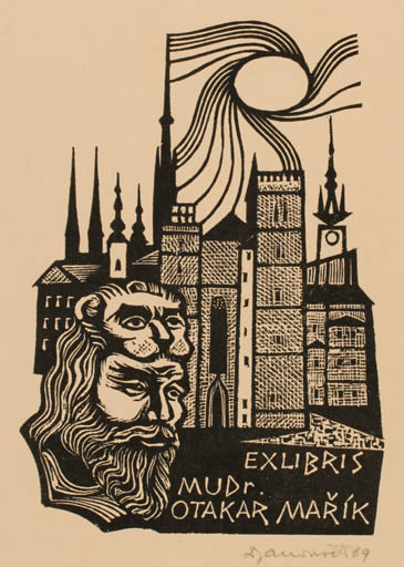 Exlibris by Dusan Janousek from Czechoslovakia for Dr. Otakar Marik - City Portrait 