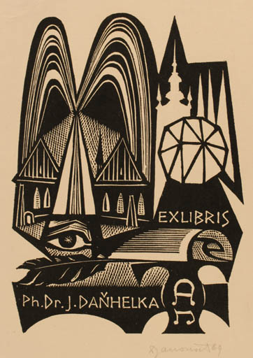 Exlibris by Dusan Janousek from Czechoslovakia for Ph. Dr. J Danhelka - Architecture 