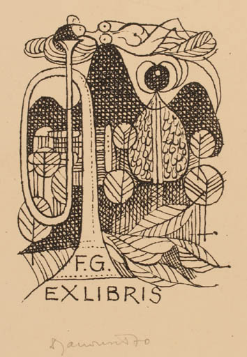 Exlibris by Dusan Janousek from Czechoslovakia for ? F. G. - Woman Scenery/Landscape Music 