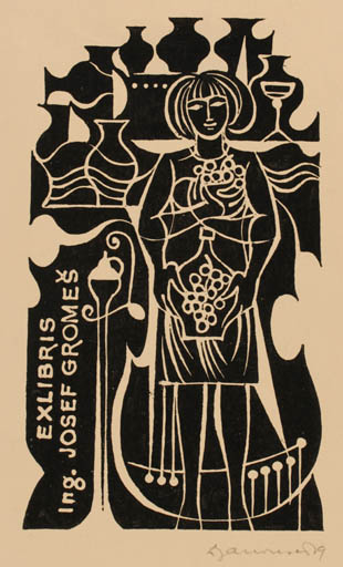 Exlibris by Dusan Janousek from Czechoslovakia for Ing. Josef Gromes - Woman Music Wine 