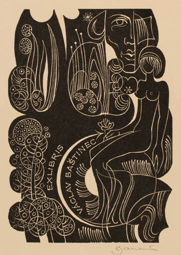 Exlibris by Dusan Janousek from Czechoslovakia for Václav Bastinec - Flora Woman 