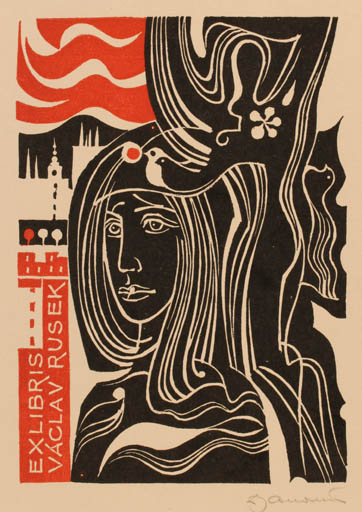 Exlibris by Dusan Janousek from Czechoslovakia for Vaclav Rusek - Woman 