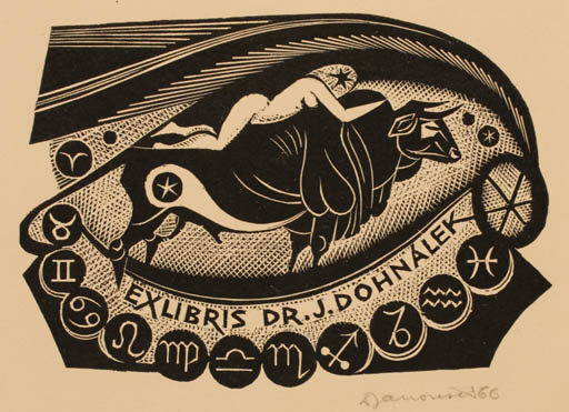 Exlibris by Dusan Janousek from Czechoslovakia for Dr. J Dohnálek - Europa and the Bull 