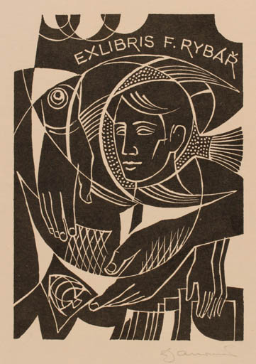 Exlibris by Dusan Janousek from Czechoslovakia for F Rybár - Fish Hand(s) Man 