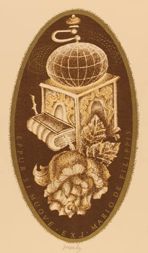 Exlibris by Josef Jicha from Czechoslovakia for Mario de Filippis - Flower Book Globe 