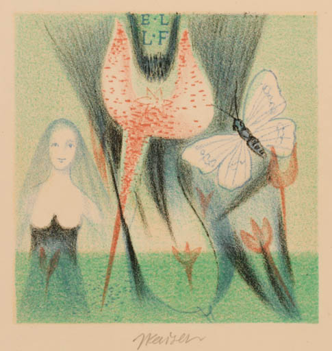 Exlibris by Jaroslav Kaiser from Czechoslovakia for Mudr. Leo Frydrych - Flora Woman Butterfly 