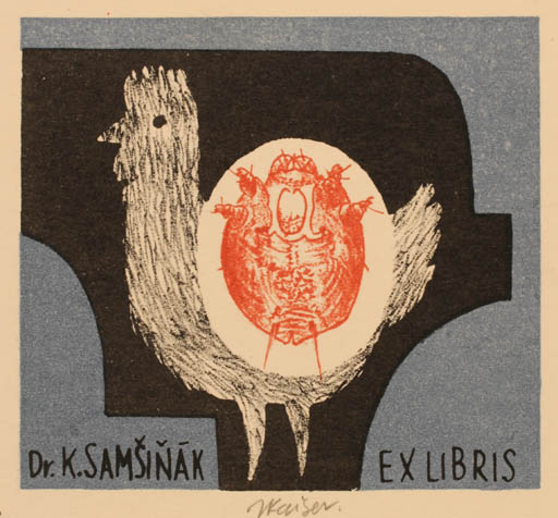 Exlibris by Jaroslav Kaiser from Czechoslovakia for Dr. K Samsinak - Bird 