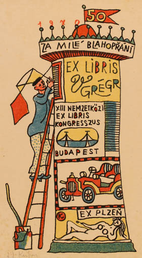 Exlibris by Ladislav J. Kaspar from Czech Republic for Vaclav Gregr - Car Woman Man Nude 