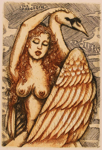 Exlibris by Renata Kaiserova from Czechoslovakia for Josef Margecin - Leda and the Swan 