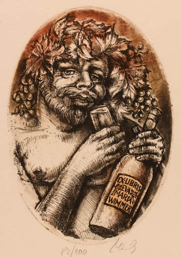 Exlibris by Renata Kaiserova from Czechoslovakia for Eva Maria Wimmer - Fruit Man Wine 