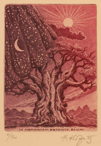 Exlibris by Herbert Kisza from Czechoslovakia for Brigitte Blum - Cosmos Scenery/Landscape Tree 