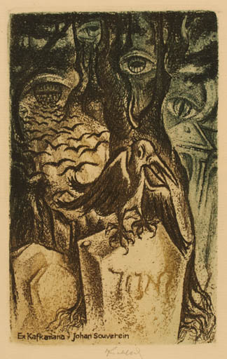 Exlibris by Bohuslav Knobloch from Czechoslovakia for Johannes Souverein - Bird Surrealism Tree 