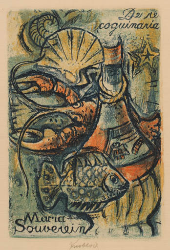 Exlibris by Bohuslav Knobloch from Czechoslovakia for Maria Souverin - Fish Food Wine 