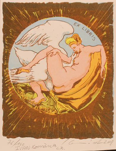 Exlibris by Ivan Komárek from Czechoslovakia for Jiri Hruska - Leda and the Swan 