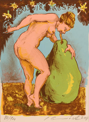 Exlibris by Ivan Komárek from Czechoslovakia for Jiri Hruska - Erotica Fruit Woman Nude 