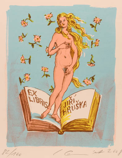 Exlibris by Ivan Komárek from Czechoslovakia for Jiri Hruska - Flower Book Woman Nude 