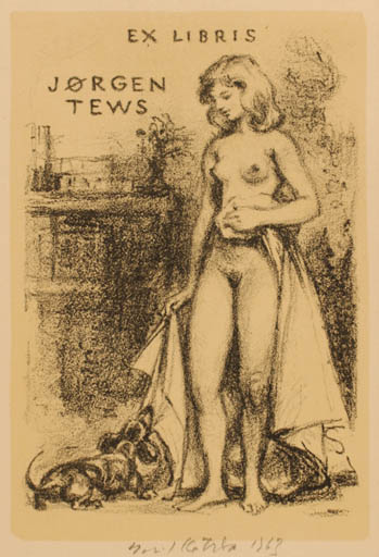 Exlibris by Emil Kotrba from Czechoslovakia for Jørgen Tews - Interior Dog Woman Nude 