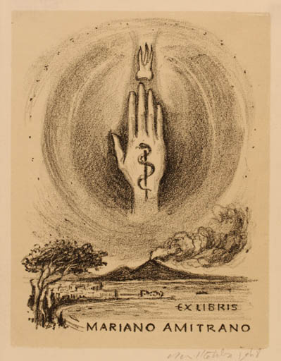 Exlibris by Emil Kotrba from Czechoslovakia for Mariano Amitrano - Hand(s) Scenery/Landscape 