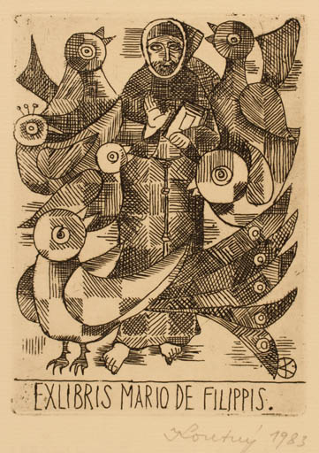 Exlibris by Jaroslav Koutny from Czechoslovakia for Mario de Filippis - Bird Religion 