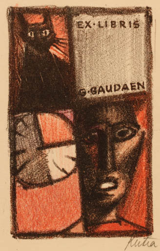 Exlibris by V Kutra from Czechoslovakia for Gerard Gaudaen - Cat Portrait 