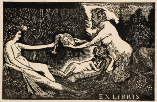 Exlibris by Ladislav Vlodek from Czech Republic for ? Vor der Schrift - Erotica Fable Animal Mythology Pan/Faun Wine 