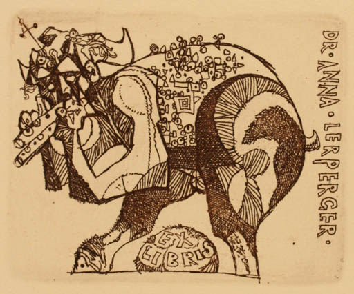 Exlibris by Josef Liesler from Czechoslovakia for Dr. Anna Lerperger - Fable Animal Pan/Faun 