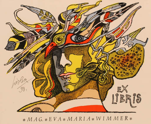 Exlibris by Josef Liesler from Czechoslovakia for Eva Maria Wimmer - Bird Man Portrait 