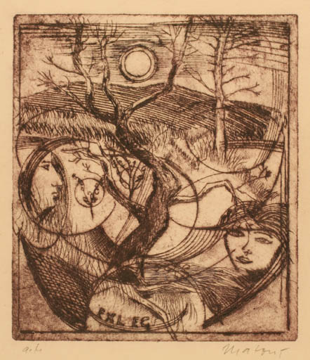 Exlibris by Miroslav Matous from Czechoslovakia for Emil Gebauer - Scenery/Landscape Sun 