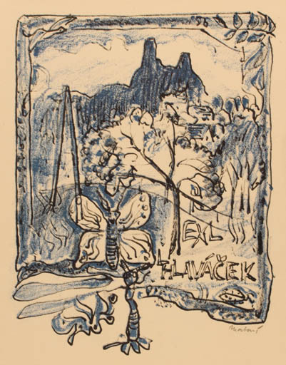 Exlibris by Miroslav Matous from Czechoslovakia for Ladislav Hlavácek - Mountain Scenery/Landscape Butterfly 