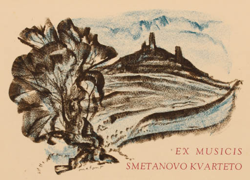 Exlibris by Miroslav Matous from Czechoslovakia for ? Smetanovo Kvarteto - Mountain Ex Mucika Scenery/Landscape Music 