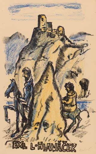 Exlibris by Miroslav Matous from Czechoslovakia for Ladislav Hlavácek - Mountain Don Quijote Ruin Horseman/Rider 